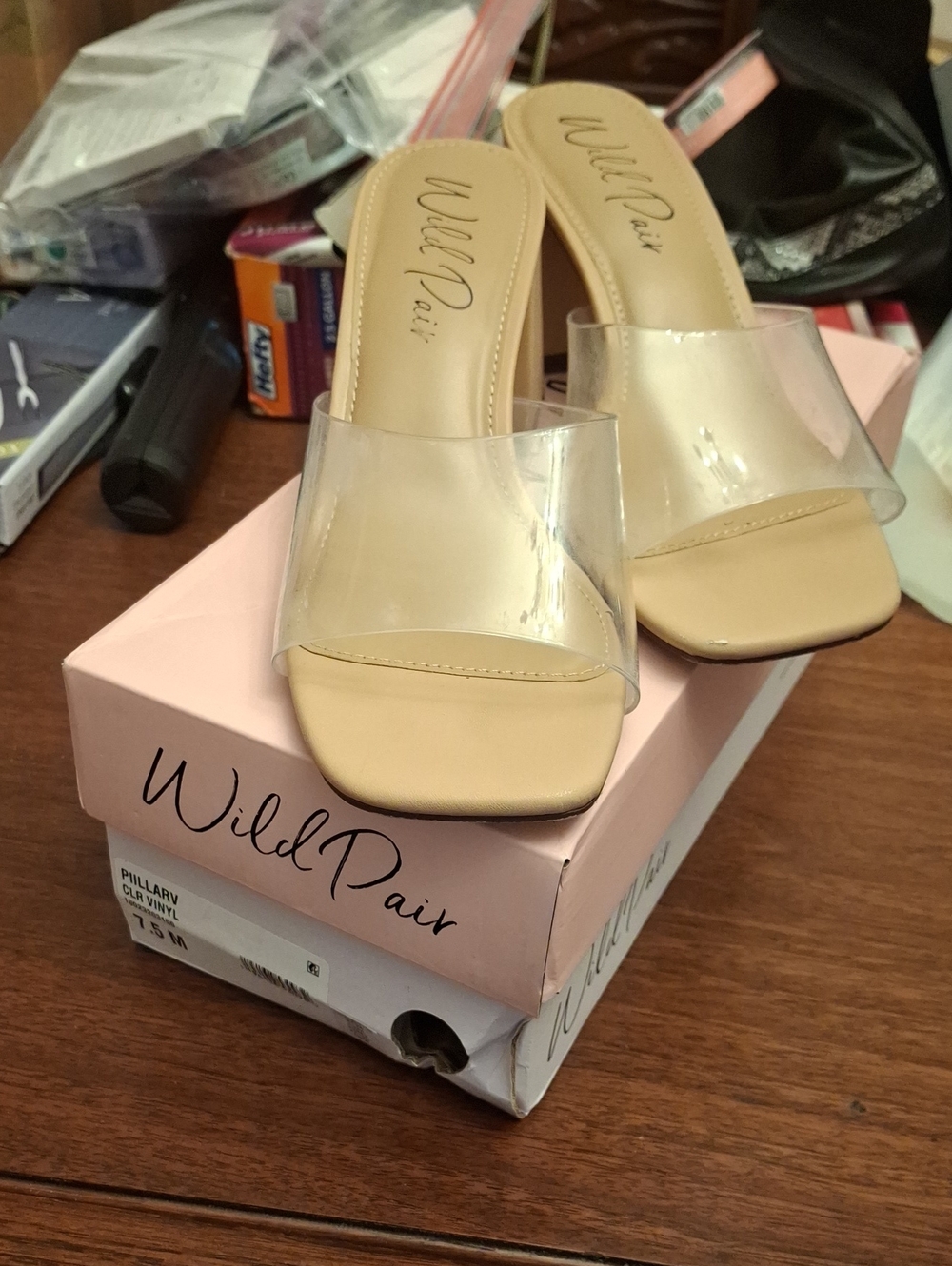 Wild Pair Clear Strap Tan Slide Mules